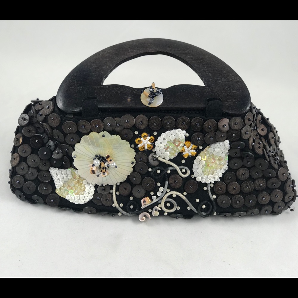 beaded Shell sequin wood hand clutch